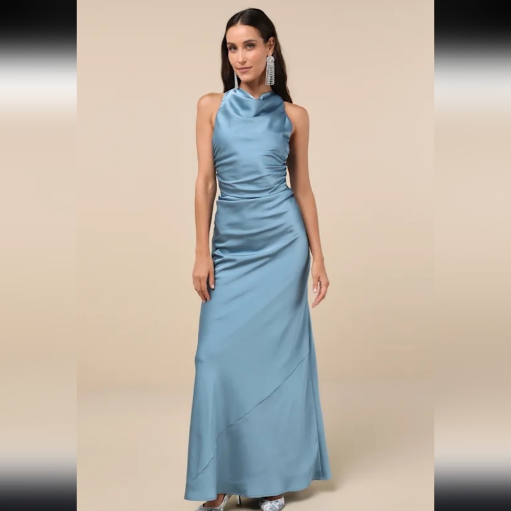 Lulus Effortlessly Sensational Slate Blue Satin Backless Maxi Dress